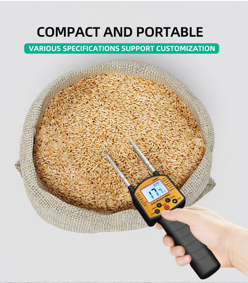 Tester di umidità per cereali, doppia sonda portatile con display retroilluminato, precisione 0,1% per 14 tipi tra cui grano, mais, riso, arachidi, 22,5 cm