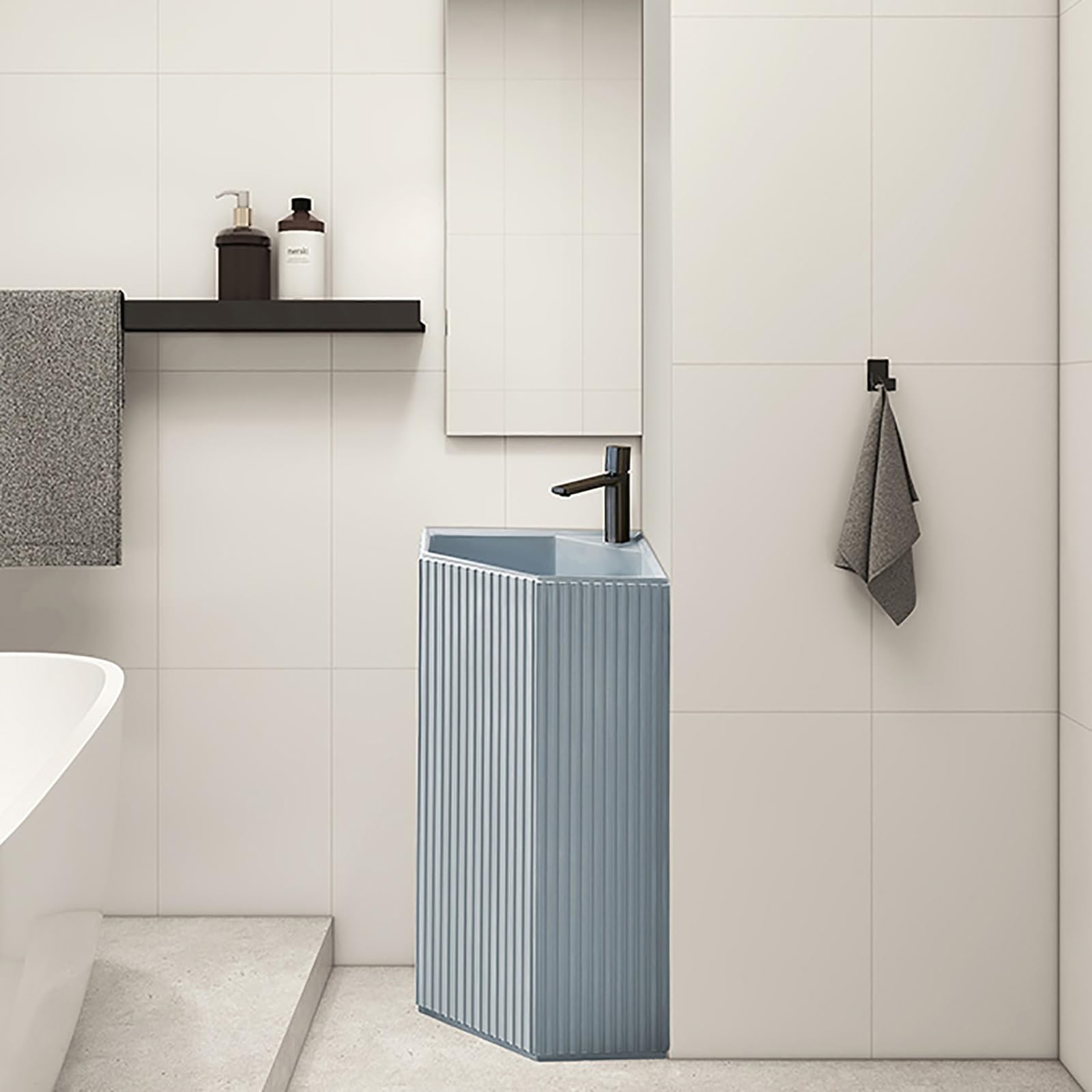 Fregadero triangular con pedestal que ahorra espacio, diseño de una pieza para baños pequeños y tocadores, elegante accesorio de baño compacto y moderno