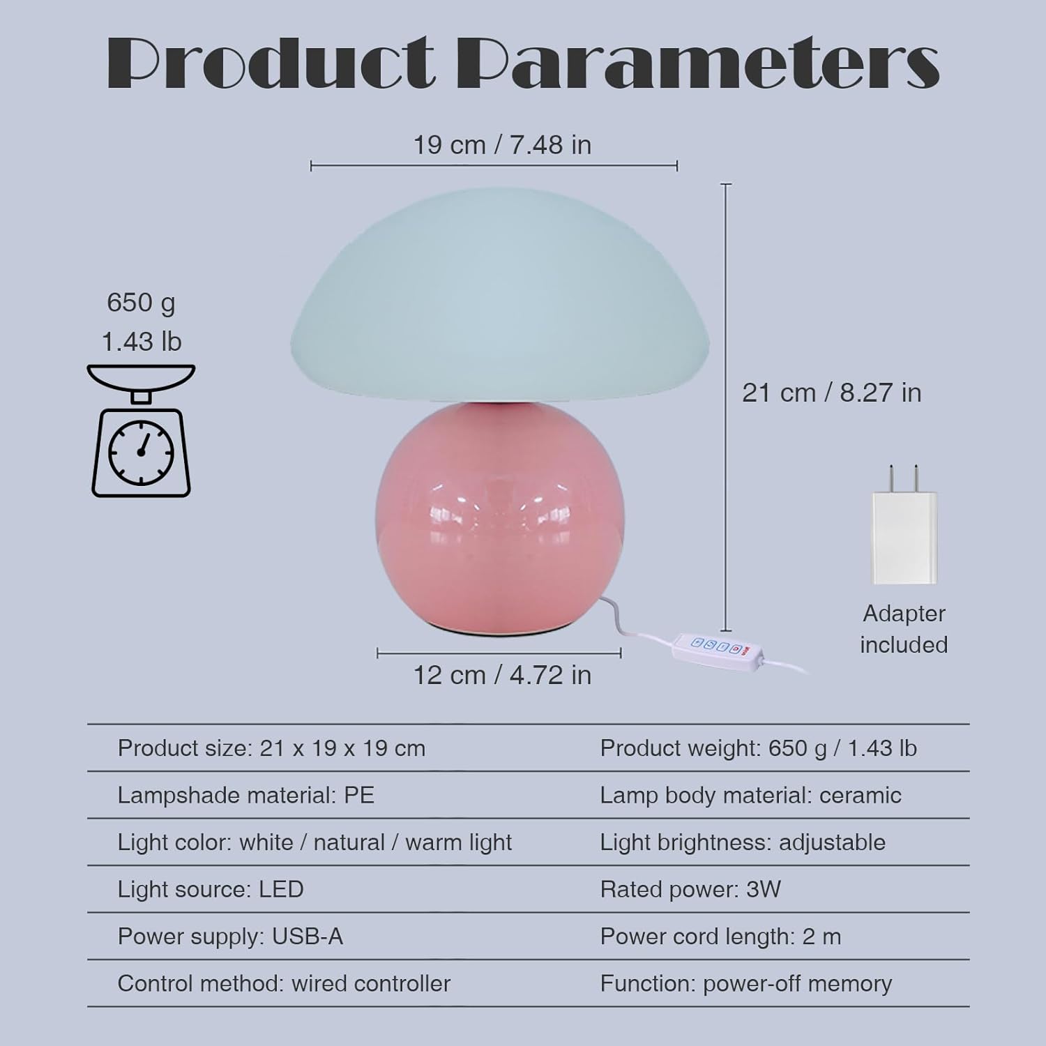 Cute Small Mushroom Lamp, PE Lampshade, Ceramic Base, Adjustable Light Color and Brightness with Power-Off Memory, Safe USB Powered, LED Mushroom Light for Bedroom Living Room (Pink)
