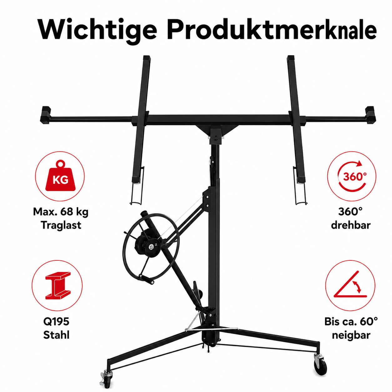 Plattenheber XXL bis 68 kg, Plattenlift für Gipskartonplatten, höhenverstellbar 1,32–3,25 m, ausziehbar 1,25–2,95 m, 360° drehbar, 60° neigbar, Trockenbau Montagehilfe, Schwarz