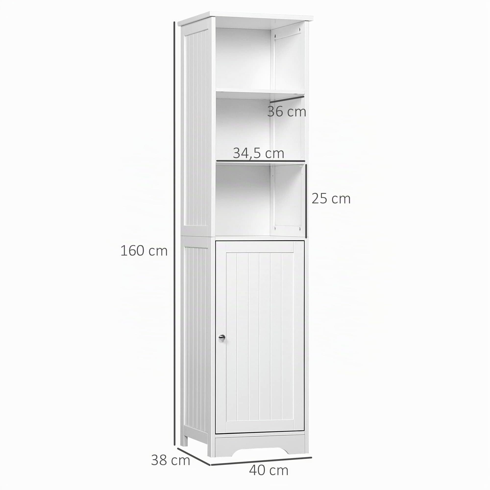 kleankin Armario Alto de Baño 5 Niveles 1 Puerta 40x38x160 cm Blanco | Columna Auxiliar de Baño, con 3 Estantes, Balda Interior Ajustable