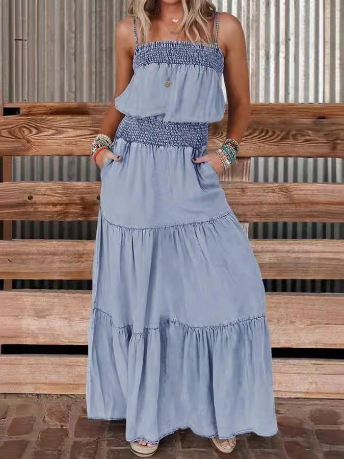 utcoco Women's Summer Beach Boho Smocked Sleeveless Denim Dress Tiered Ruffle A-Line Swing Spaghetti Strap Sundress2