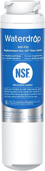 Waterdrop MSWF Refrigerator Water Filter Reduce Chloramine for CA, FL and Washington, NSF 42 Certified, Reduces Chloramine, Chlorine, Replacement for GE® MSWF, 101820A, 101821B (Package May 