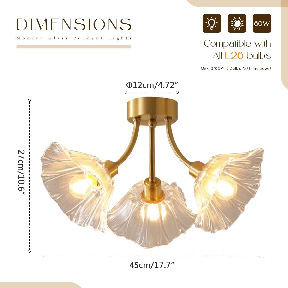 Gold Brass Flush Mount Ceiling Lights Fixture Clear Glass 3-Light Close to Ceiling Light Flower Glass Shape Shade Mid Century Chandelier Lighting for Bedroom Living Room Dining Room