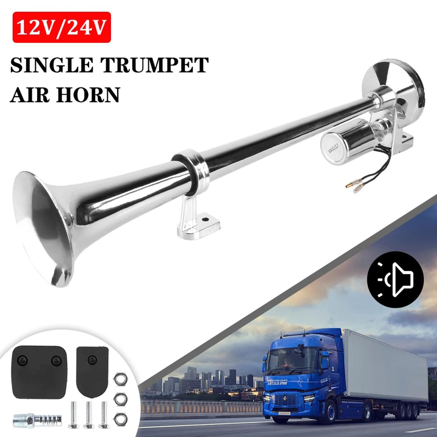 Tromba Camion 12v,150db Air Horn Cromato,Trombe Camion Con Compressore,Universale Per Auto, Moto,Barche - Incl. Kit Di Montaggio e Tubo Flessibile