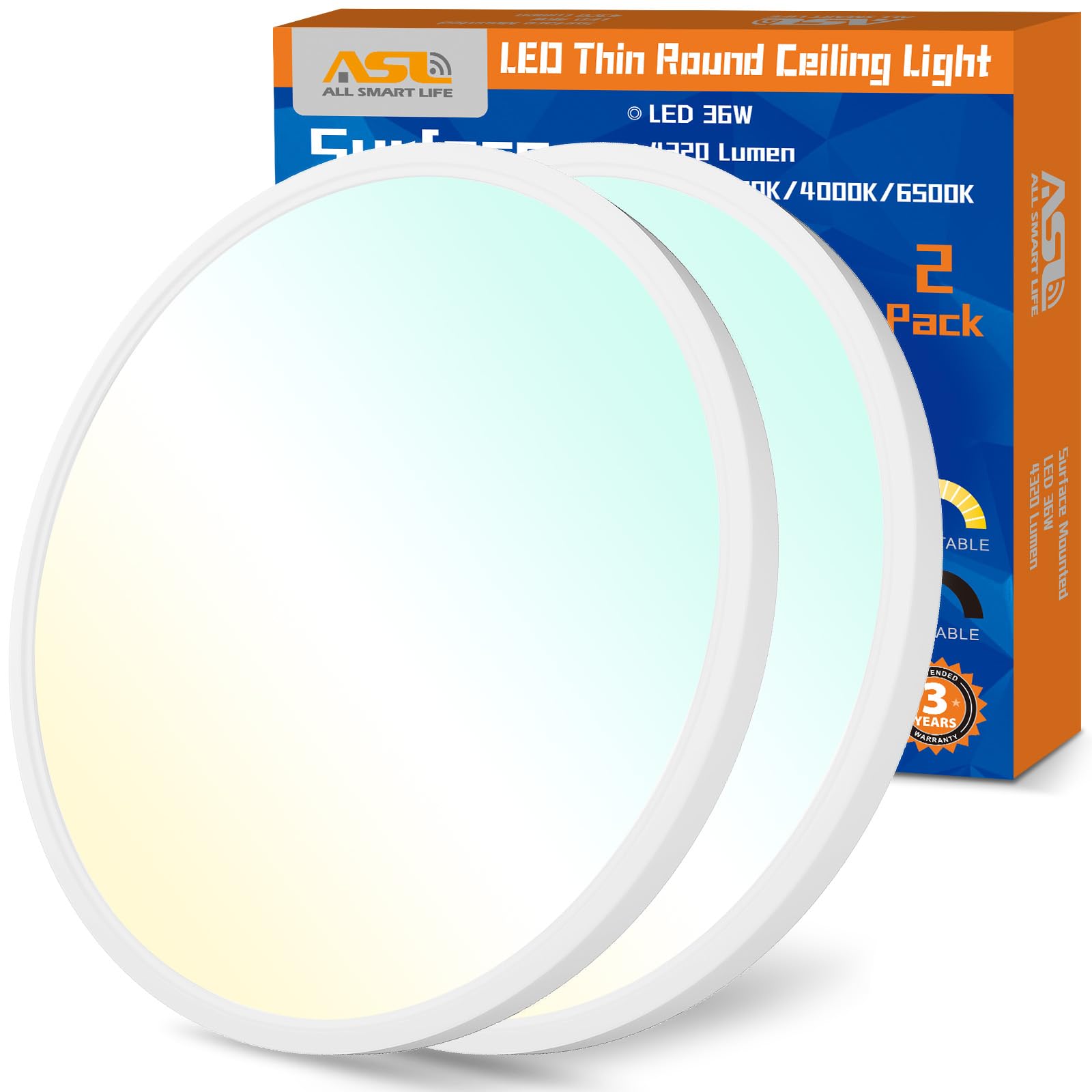 Allsmartlife Led Flush Mount Ceiling Light 2 Pack, 15.8 inch 32W 4320lm Dimmable Led Ceiling Light, 3000K/4000K/6500K, Round Led Light Fixture for Laundry Room, Hallway