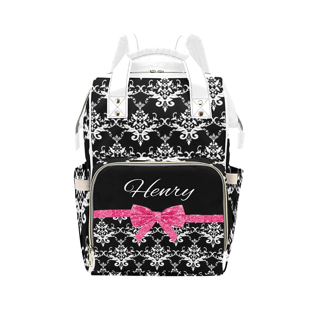 Black White Damask Pink Glitter Bow Diaper Bag Backpack with Name for Men Women Custom Personalized Nursing Baby Bags Shoulders Travel Bag Daypack