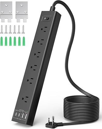 Regleta protectora de sobretensiones, regleta de alimentación montable con 6 tomas espaciadas amplias, 2 USB-C 2 USB-A, enchufe plano, cable de