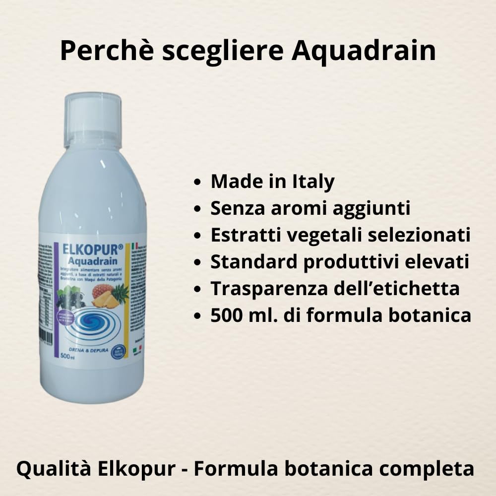 Elkopur Aquadrain – Drenante Liquido con Tarassaco, Orthosiphon, Betulla, Cardo Mariano e Maqui della Patagonia, Estratti Vegetali Selezionati, 3×500 ml, Made in Italy