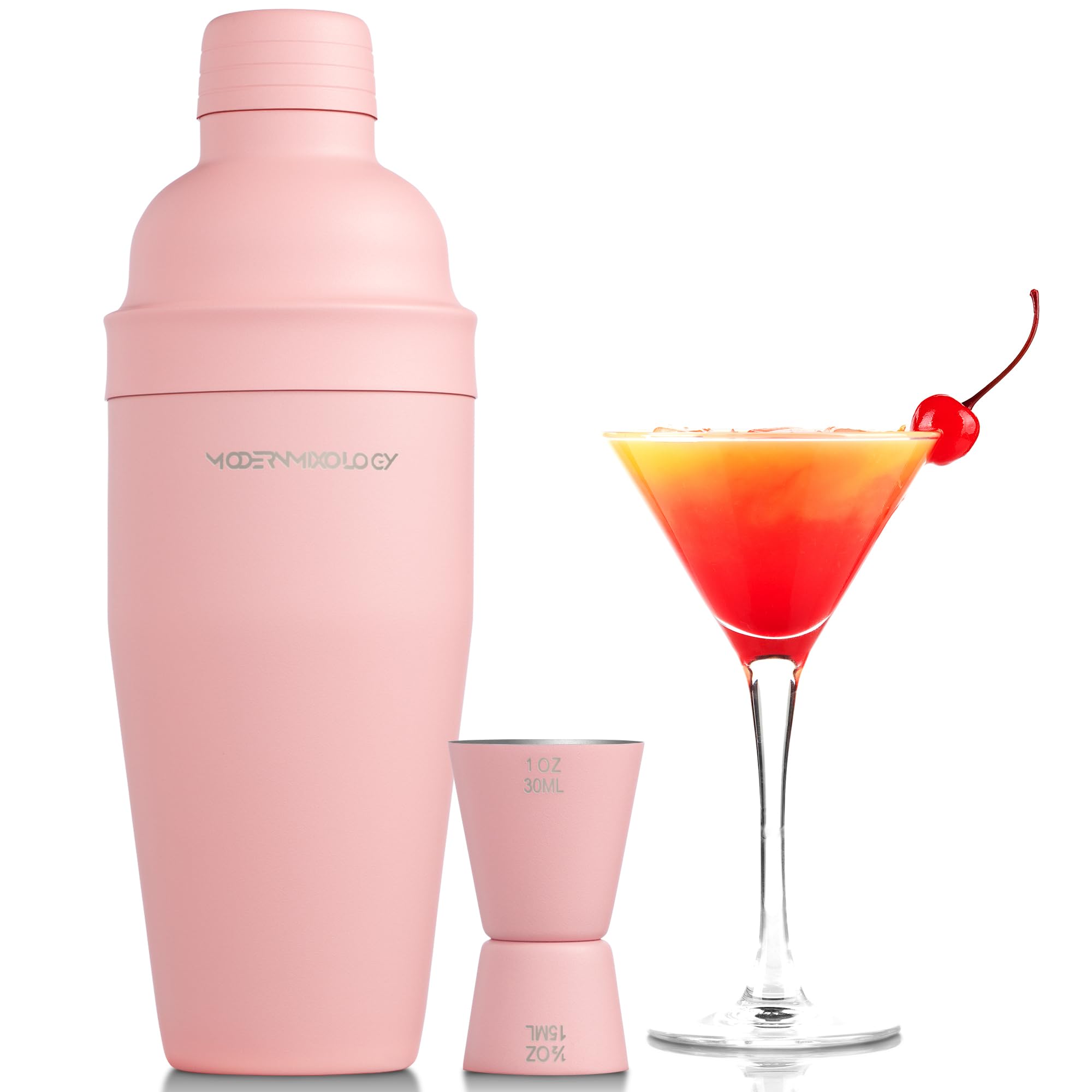 Mixology & Craft Matte Pink Bartender Kit – Cocktail Shaker and Jigger Set, 24oz Drink Mixer with Cap – Home Bar Tools for Mixing Cocktails, Martini, Margarita – Sleek Gift for Men & Women