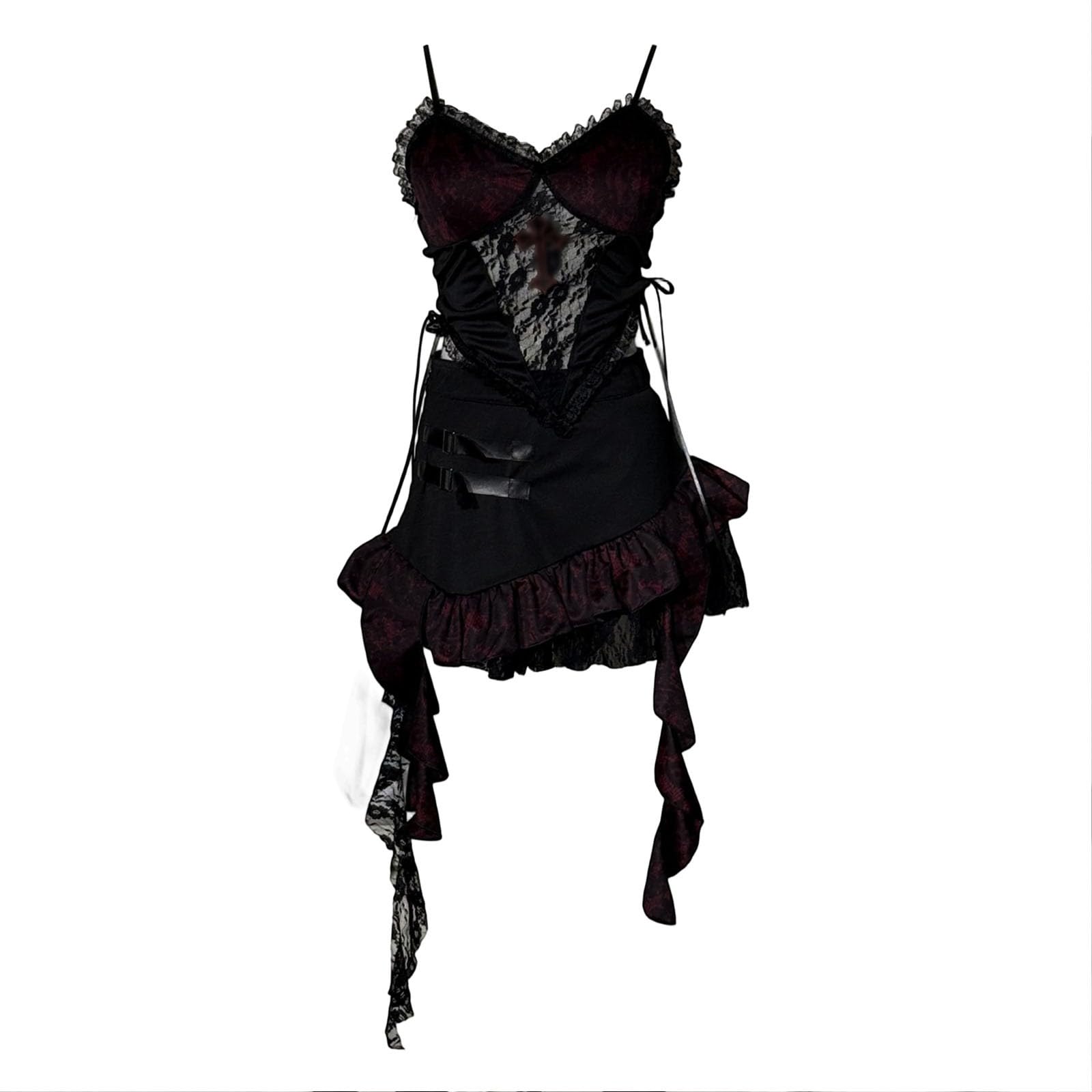Faschingkostüme Damen Gotisches Spitzenkleid Set Oberteil Mit Korsettschnürung Rock Schwarz Rot Spitze Lederoptik Streetwear Ausgefallen Rot-Schwarzkleid Damen