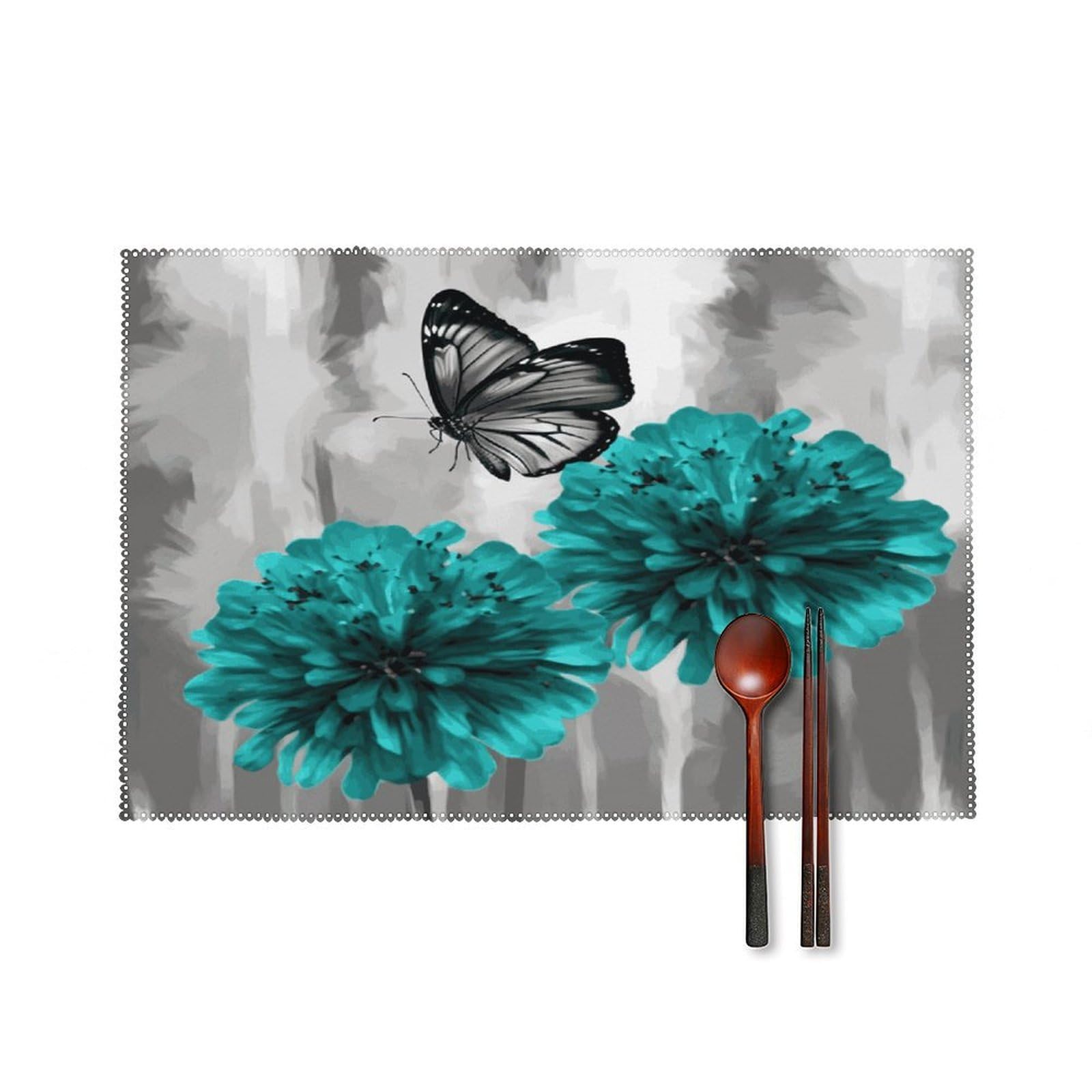 Fekiloot Style Gray Teal Flower Butterfly Placemats Set Of 6,Table Mat