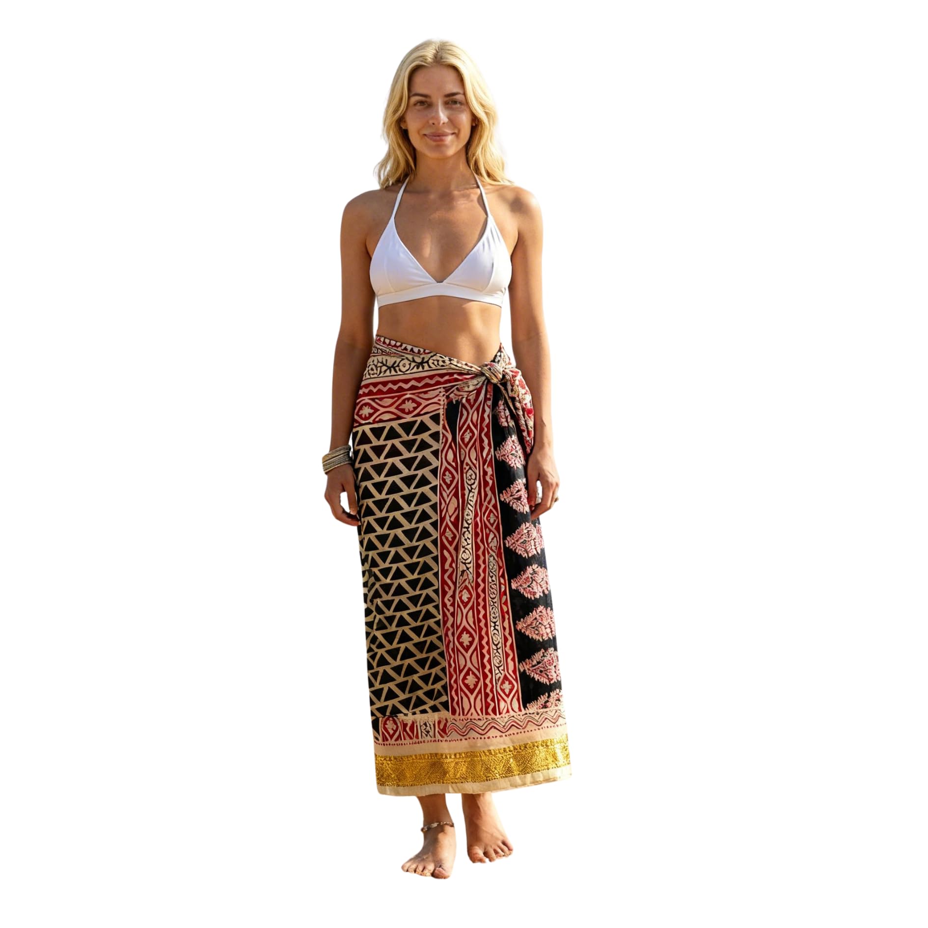 KGM Accessories New Extra large Indian Cotton Gold Lurex hand block printed Sarong Scarf Shawl Beach wrap Pareo (Triangle paisley)