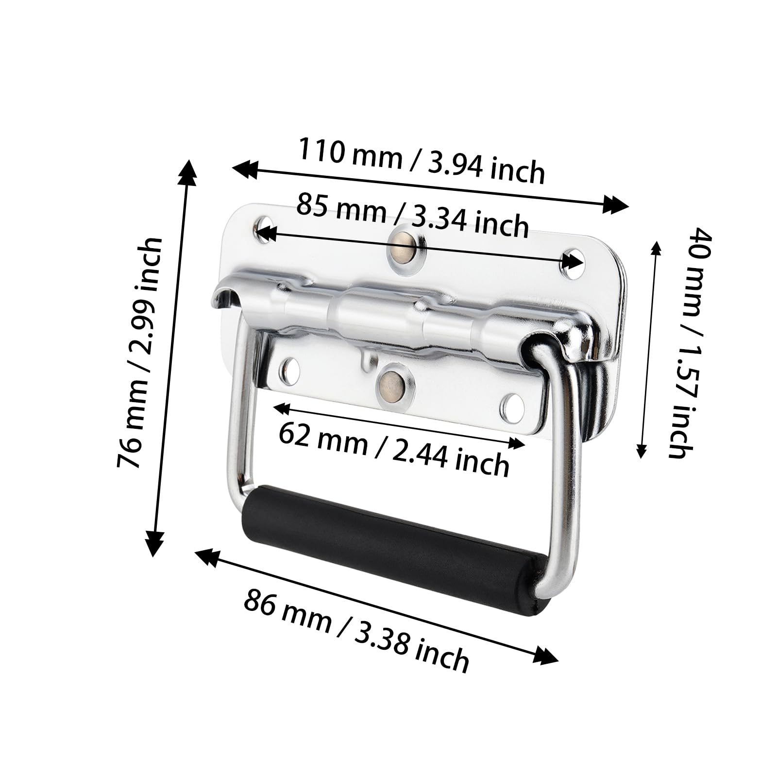 12 tiradores plegables de acero inoxidable, asa de metal plegable, tirador de caja plateado, asas plegables para cajas, maletín de herramientas, maletín, 110 x 40 mm, color plateado