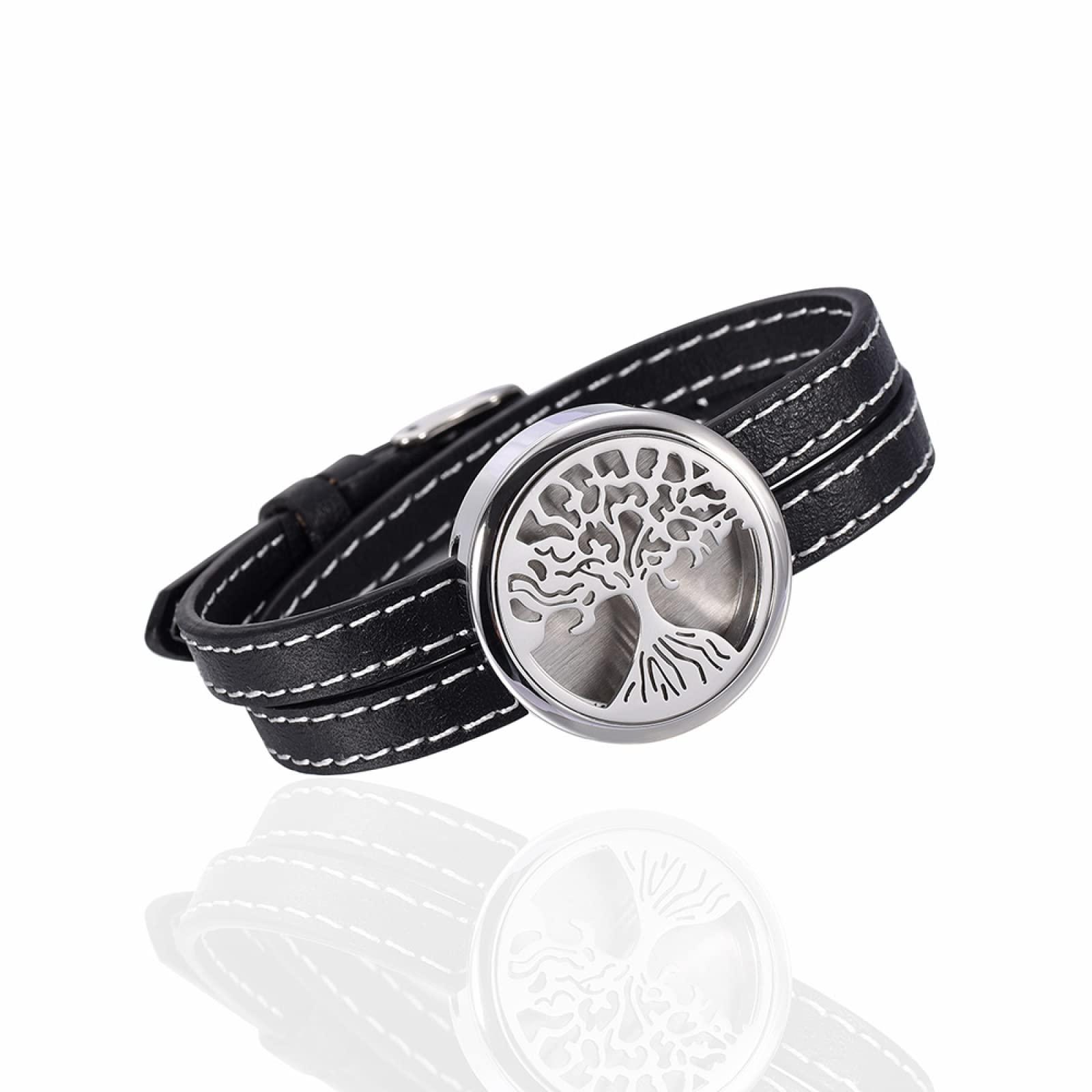ISCBAFYX Pulsera de Cuero Genuino de Color Negro, Pulsera difusora de aceites Esenciales de Acero Inoxidable, Pulsera de aromaterapia, joyería