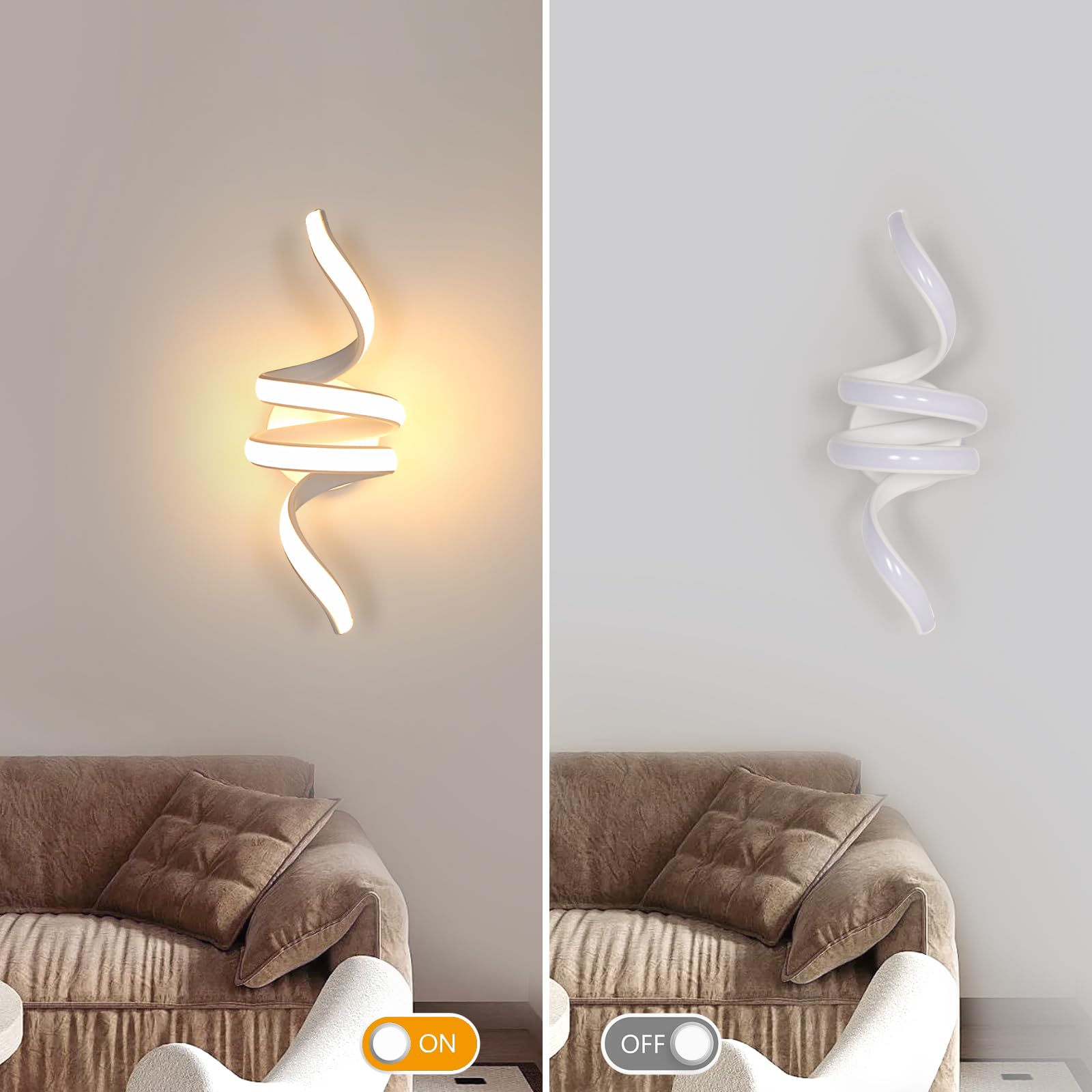 Goeco Applique da Parete Interno, 24W 2700LM 35 CM Lampada da Parete a Spirale in Acrilico 3000K Luce Bianco Calda, Applique LED a Muro Moderna per Camera Letto Soggiorno Corridoio, Bianco