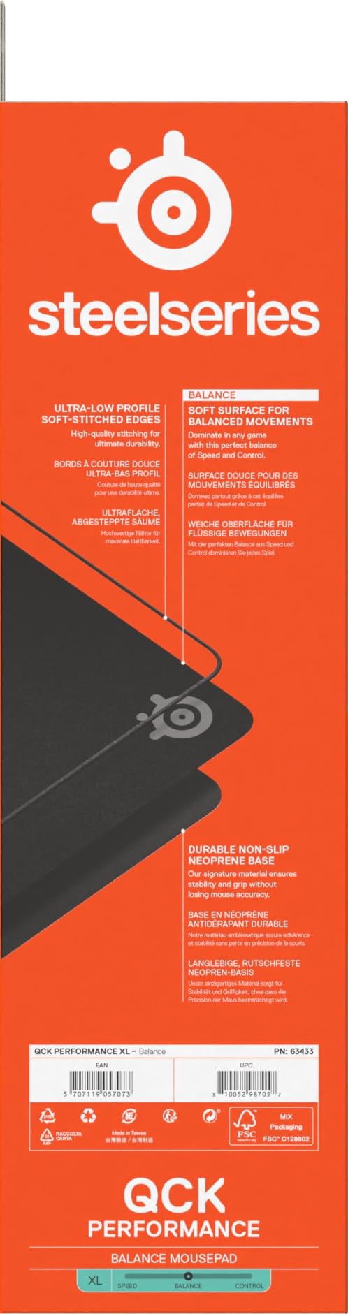 SteelSeries QcK XL Performance Balance, mousepad da gioco - Densità extra per scorrevolezza top - Cuciture ai bordi a basso profilo - Base in neoprene antiscivolo - 900 x 400 mm - FPS, MOBA, RTS, MMO