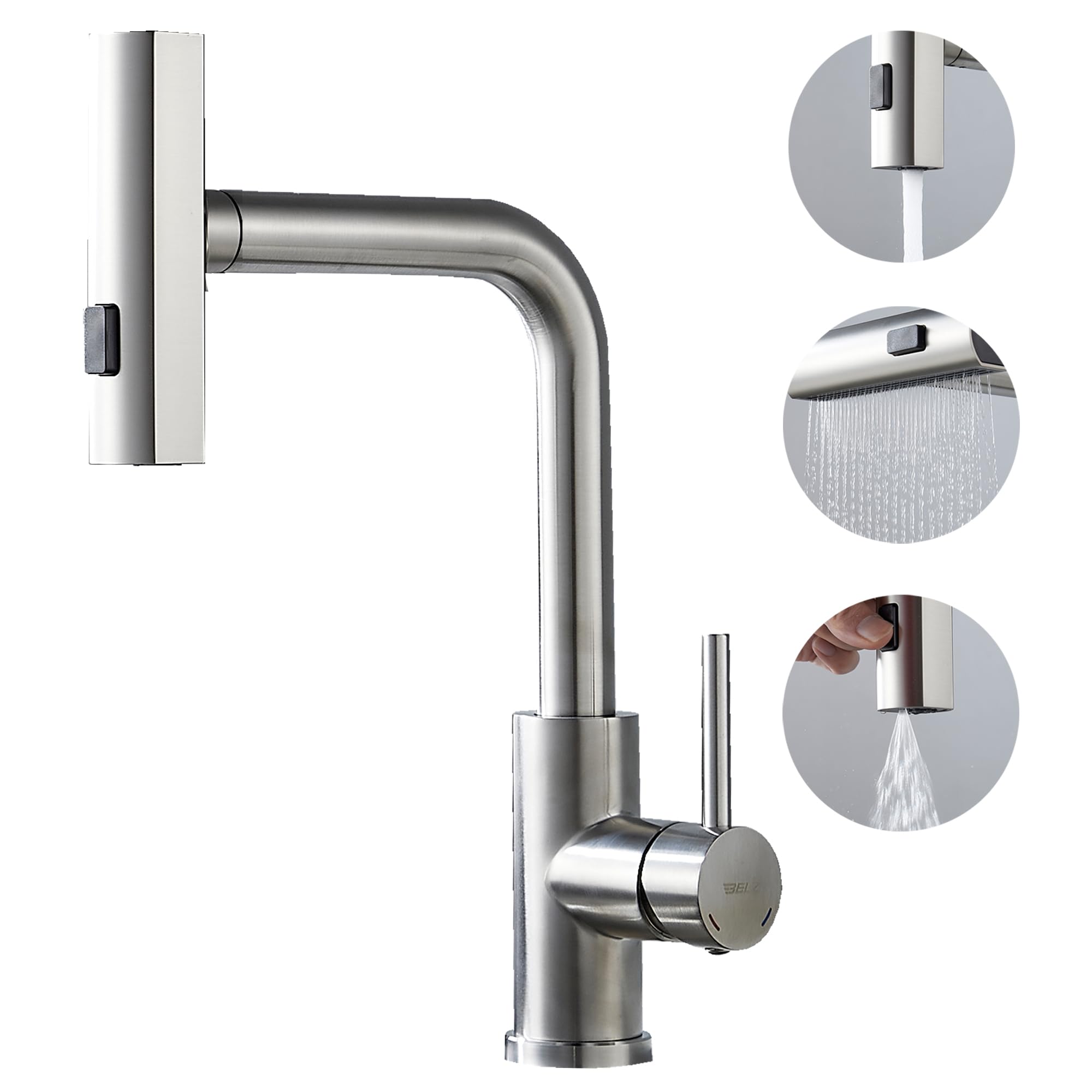BELZ Miscelatore da cucina estraibile, girevole a 360°, rubinetto a cascata antispruzzo, in acciaio inox, caldo e freddo, cromato (BN)