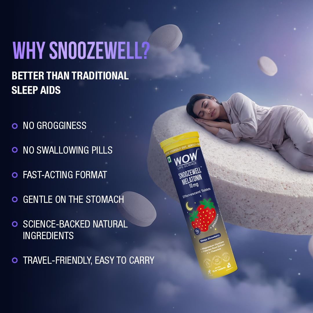 WOW Life Science Snoozewell Melatonin 10 mg Effervescent Tablets | Night-Time Sleep Drink with Magnesium Glycinate, Valerian & L-Theanine | Zero Sugar Gentle Sleep Support, Calm Mind & Deep Rest | Sleepy Strawberry | 15 Tablets 3