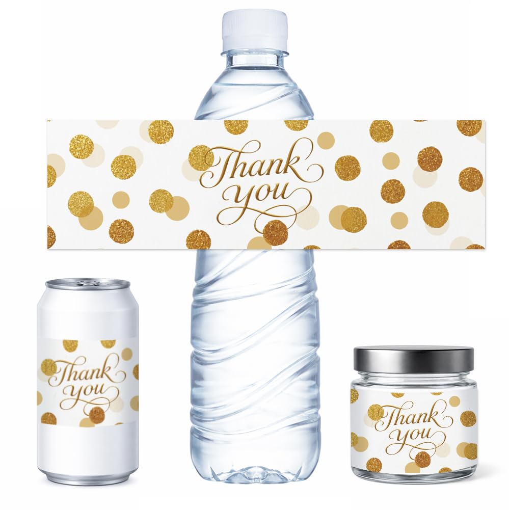 PH PandaHall 100pcs Thank You Water Bottle Stickers, Golden Polka Dots Bottle Labels Gold Foil Glitter Dots Waterproof Bottles Wraps for Wedding Bridal Showers Birthday Party Favors