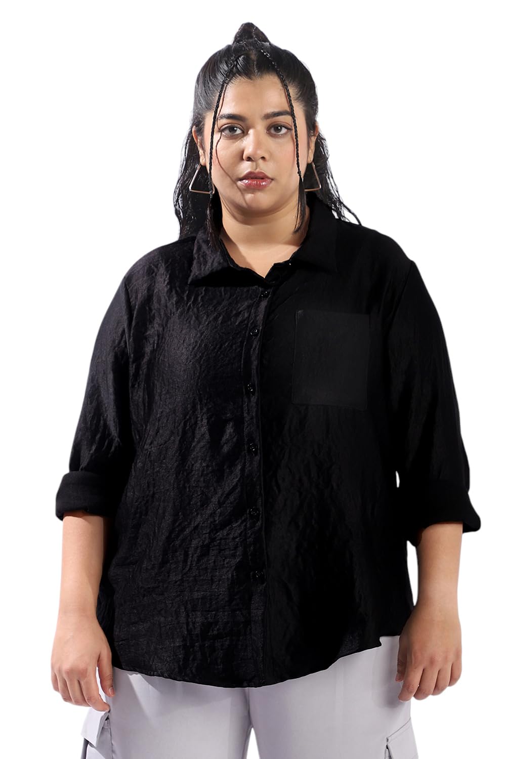 High Star Women Plus Size Boxy Fit Spread Collar Long Sleeves Shirt