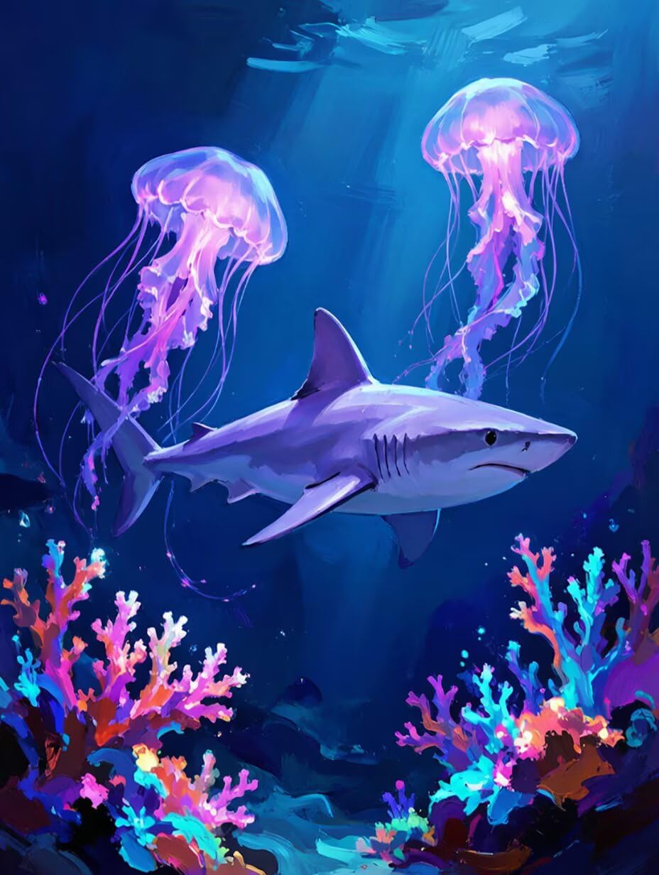 Diamond Painting Kit TiburóN Pintura Diamante Medusa, Punto De Cruz Diamante 5D Cuadro Diamantes DIY Full Drill Cuadrado Ricamo Diamond Art Paintings per Decorazioni Casa Pareti 70x100cm 6-CX669
