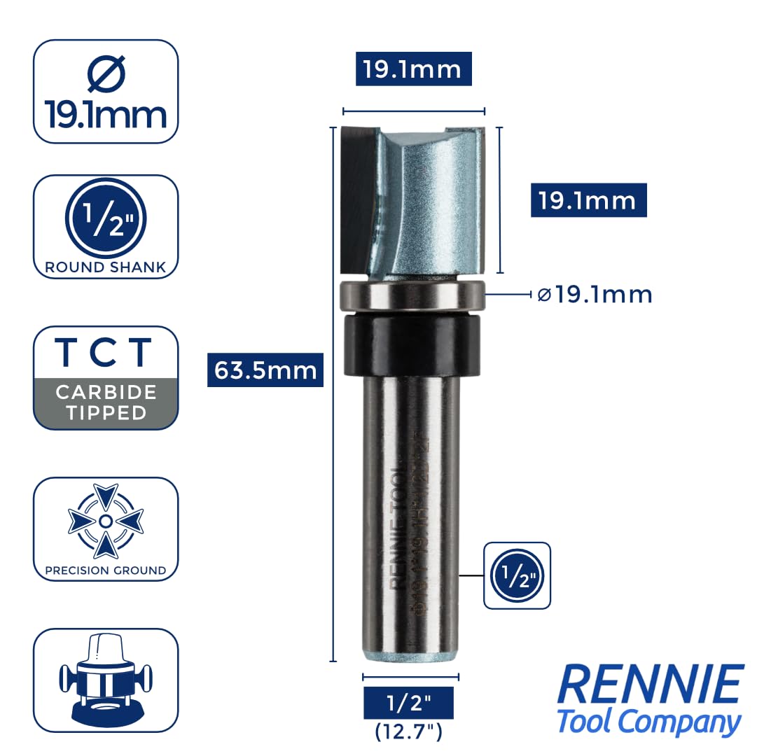 Rennie Tools, 19.1mm Cut x 19.1mm Flute x 1/2" Shank Guided Profiler Router Cutter Bit - Image 2