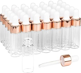 35 Pack,5ml Clear Sample Essential Oil Dropper,Empty Glass Dropper Vials With Rose-Gold Cap,Glass Pipette Liquid Travel Perfume Liquid Holder Container-Pipette,Funnel,included