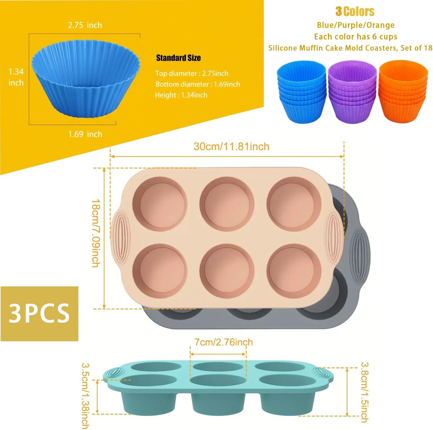 3 Pack 6 Cup Silicone Muffin Pan Set with 18 Reusable Silicone Baking Cups,Nonstick Silicone Cupcake Pan for Baking Muffins,Cupcakes,Easy Release & Dishwasher Safe