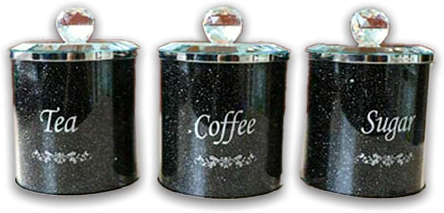 Jayogla Black Crystalized Crushed Diamond Gift Diamante Tea Coffee Sugar Canisters Jars Storage Trimmings Crystal Filled Kitchen Organiser Containers Set Kitchen Decoration (Black)