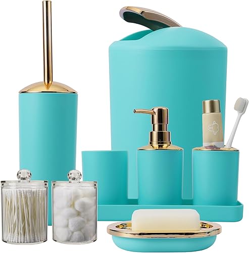 Juego de accesorios de baño de 8 piezas, color verde azulado, bote de basura, dispensador de jabón, jabonera, cepillo de inodoro, soporte para