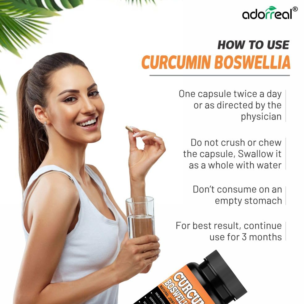 Adorreal Curcumin Boswellia Capsules with Black Pepper Extract – Natural Joint Support Formula | 400mg Curcumin + 200mg Boswellia | Veg Capsules (60 Capsules) 1