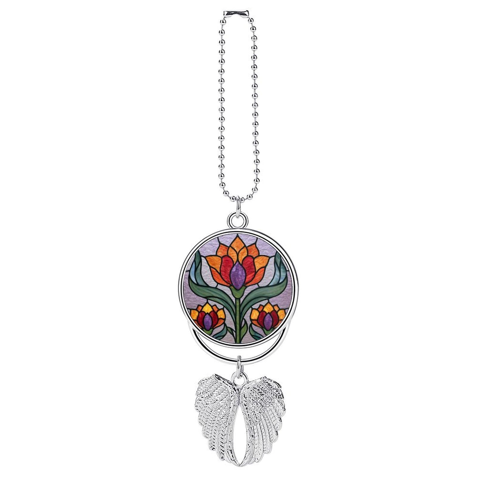 Stained Glass Large Flower Orange Red Petals Car Hanging Pendant Car Interior Decoration Rearview Mirror Charms Ornaments