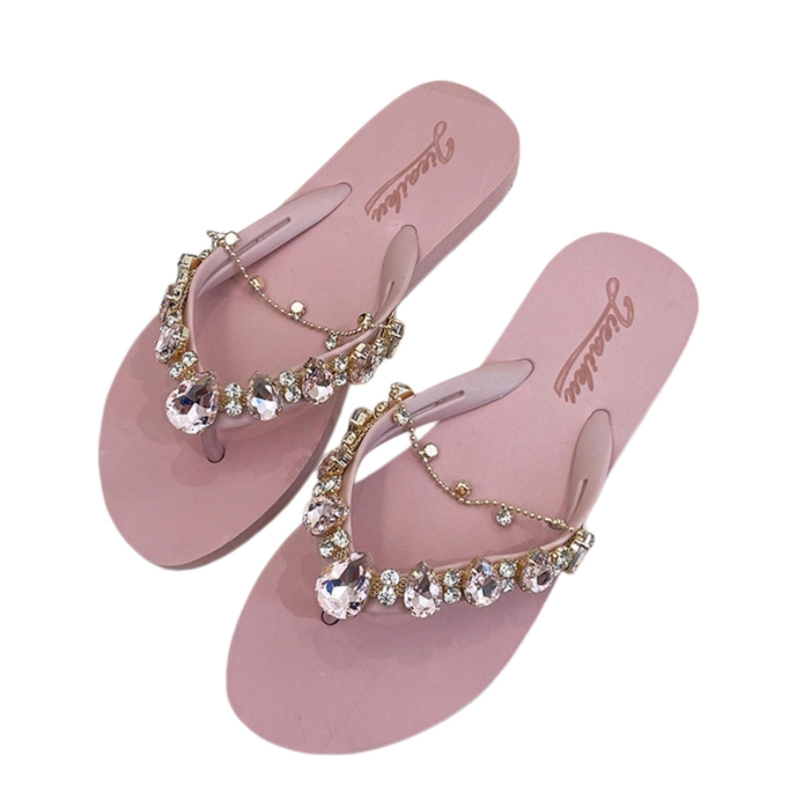 Sandale d'été plate rose pour femme - Tong en EVA de qualité avec chaîne strass