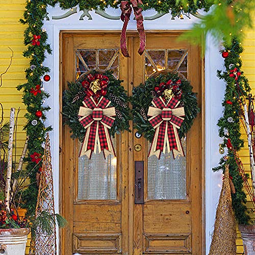 2Pcs Christmas Wreath Bows, Red Black Buffalo Plaid Bows For Wreath Beige Rustic Farmhouse Bows For Front Door Winter Christmas Tree Bows For New Year Indoor Outdoor Xmas Decorations #TOP2