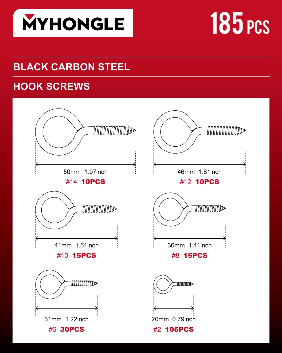 MYHongLe 185 Pcs Eye Bolts Screw in Hooks for Hanging, Heavy Duty Eye Hooks Screw, Eye Screws for Wood, Hanging Plants Garden Lights Lifting and Securing Cables Wires Indoor Outdoor Use ( Black-185) - Image 2