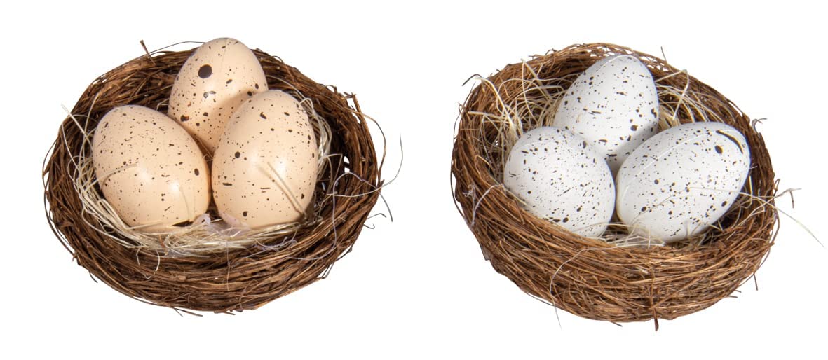 Rayher Set of Two Artificial Bird Nests with Eggs, Decorative Bird's Nest for Crafts and Home Décor, plastic, assorted colours, diameter 6.5cm, 46684000
