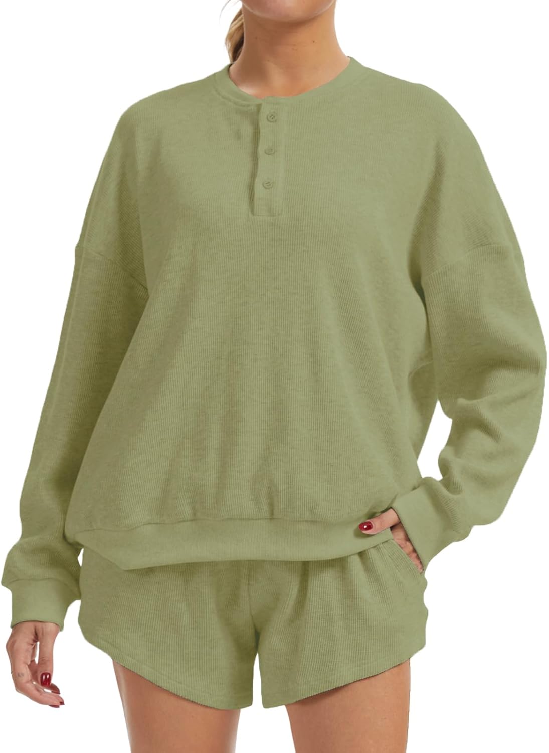 AnotherChill Women's Oversized Waffle Knit Lounge Set Long Sleeve Sweatshirt and High Waisted Shorts 2 Piece Casual Outfit