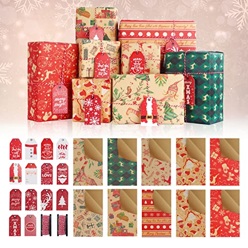 Papier Cadeau Noel Enfant 10 Feuilles, Emballage Cadeau Noel Papier Cadeau Kraft Noel Recyclé Papier Noel Rouge Papier Kraft Noel avec 14pcs Etiquettes Cadeaux, 2 Ficelle De Coton, 70 x 50cm