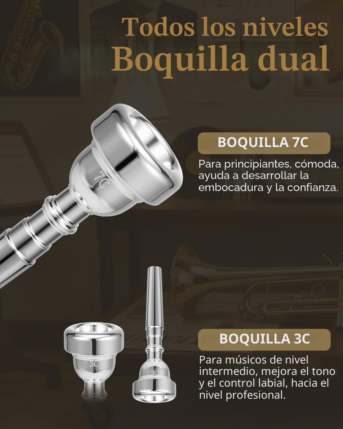 STRICH Set de trompeta estándar en Si bemol para principiantes, trompeta de metal para estudiantes con estuche rígido, kit de limpieza, boquillas 7C y 3C, guantes STR-130G, dorado