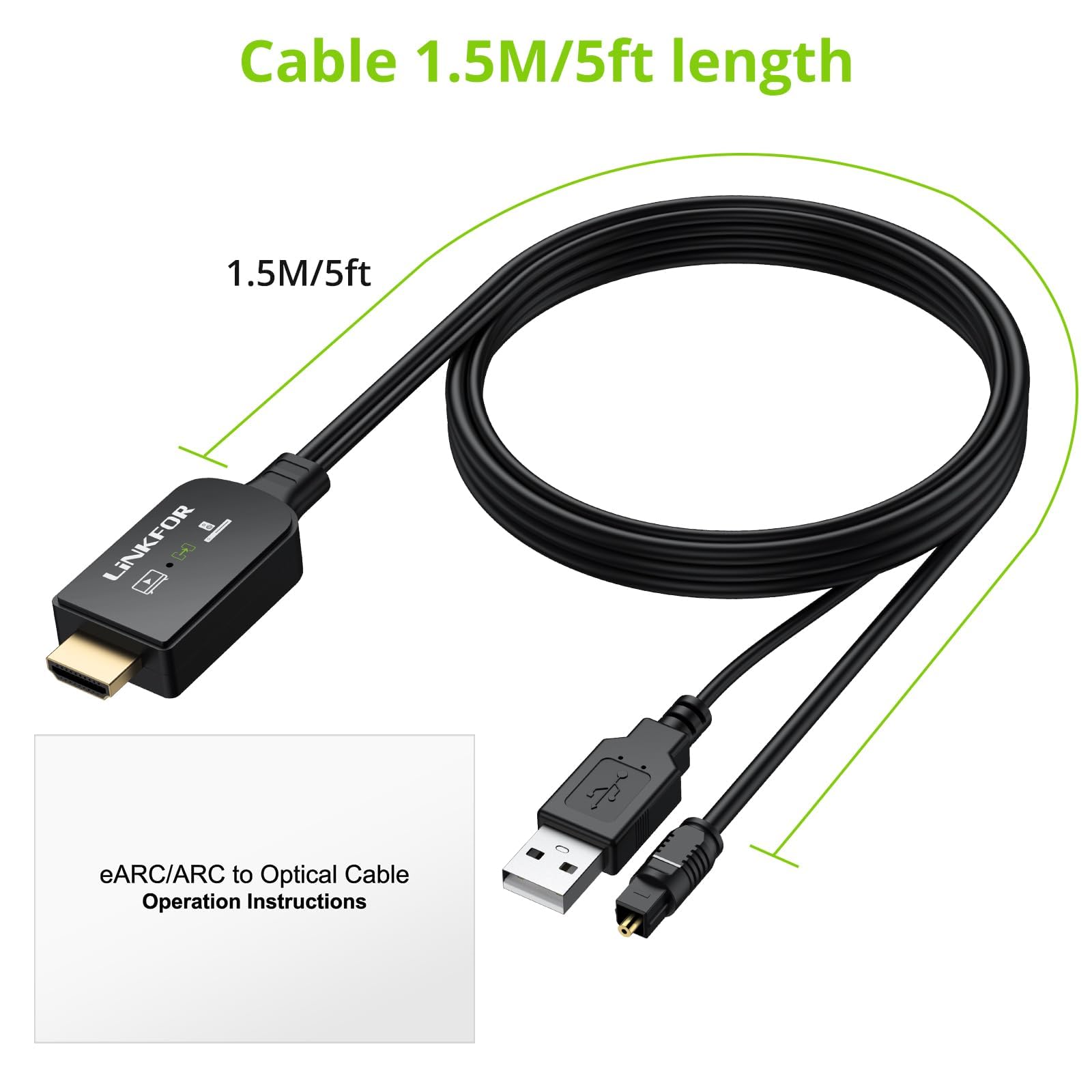 LiNKFOR eARC/ARC na optyczny kabel do ekstraktora audio (1,5 m), uniwersalny adapter HDMI ARC na TOSLINK, obsługuje 192 kHz/24 bit, DTS 5.1, Dolby Digital, Plug and Play, do telewizora na soundbar