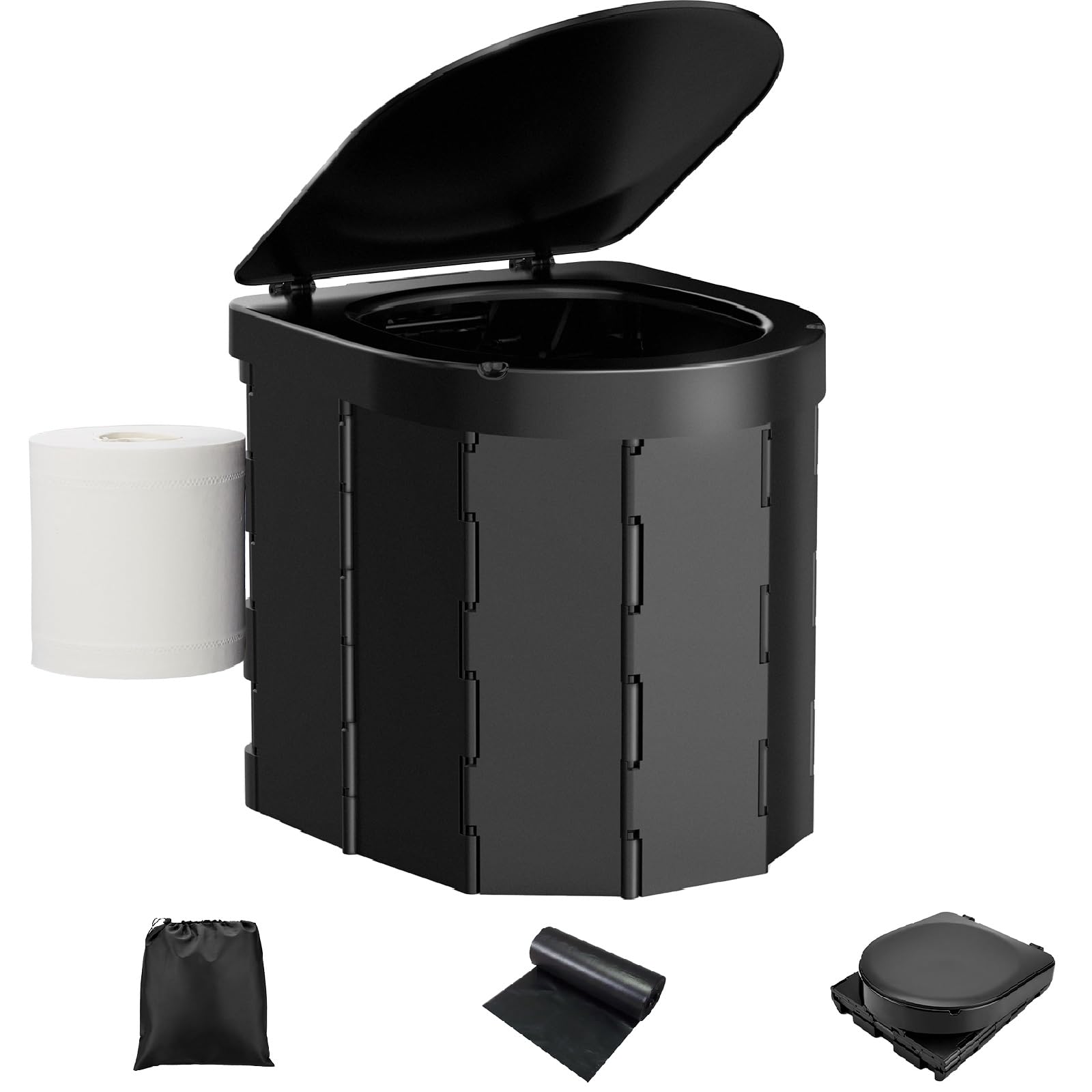 WADEO Tragbare Campingtoilette mit Deckel, Faltbare Toilette mit Belastbarkeit bis zu 200kg, Mobiltoilette Falttoilette mit Toilettenbeutel und Papierhalter, ideal für Camping Wandern Reisen Angeln