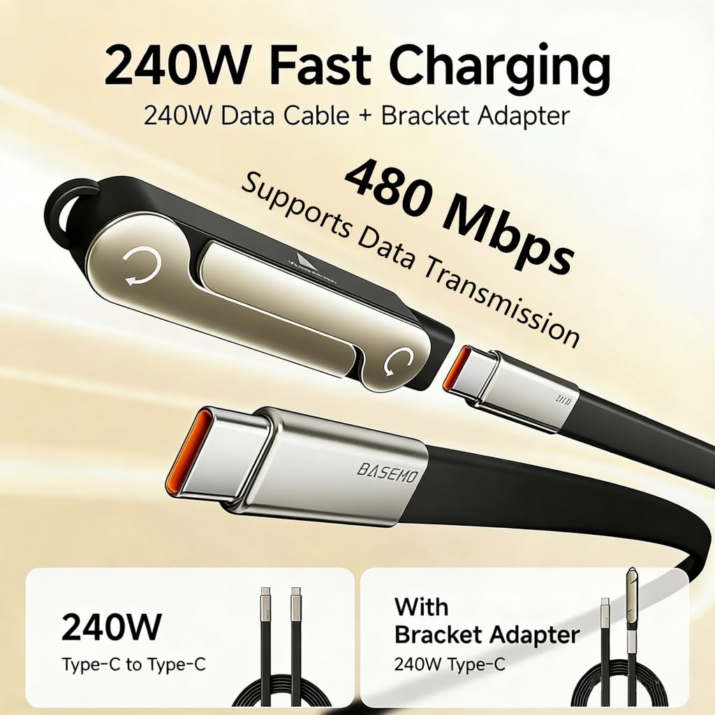 SIDEWAY Phone Charger 240W Silicone Cable with Detachable Stand - Universal Type-C, 90° Angle, 480Mbps Data Transfer Speed(balck) — view 6