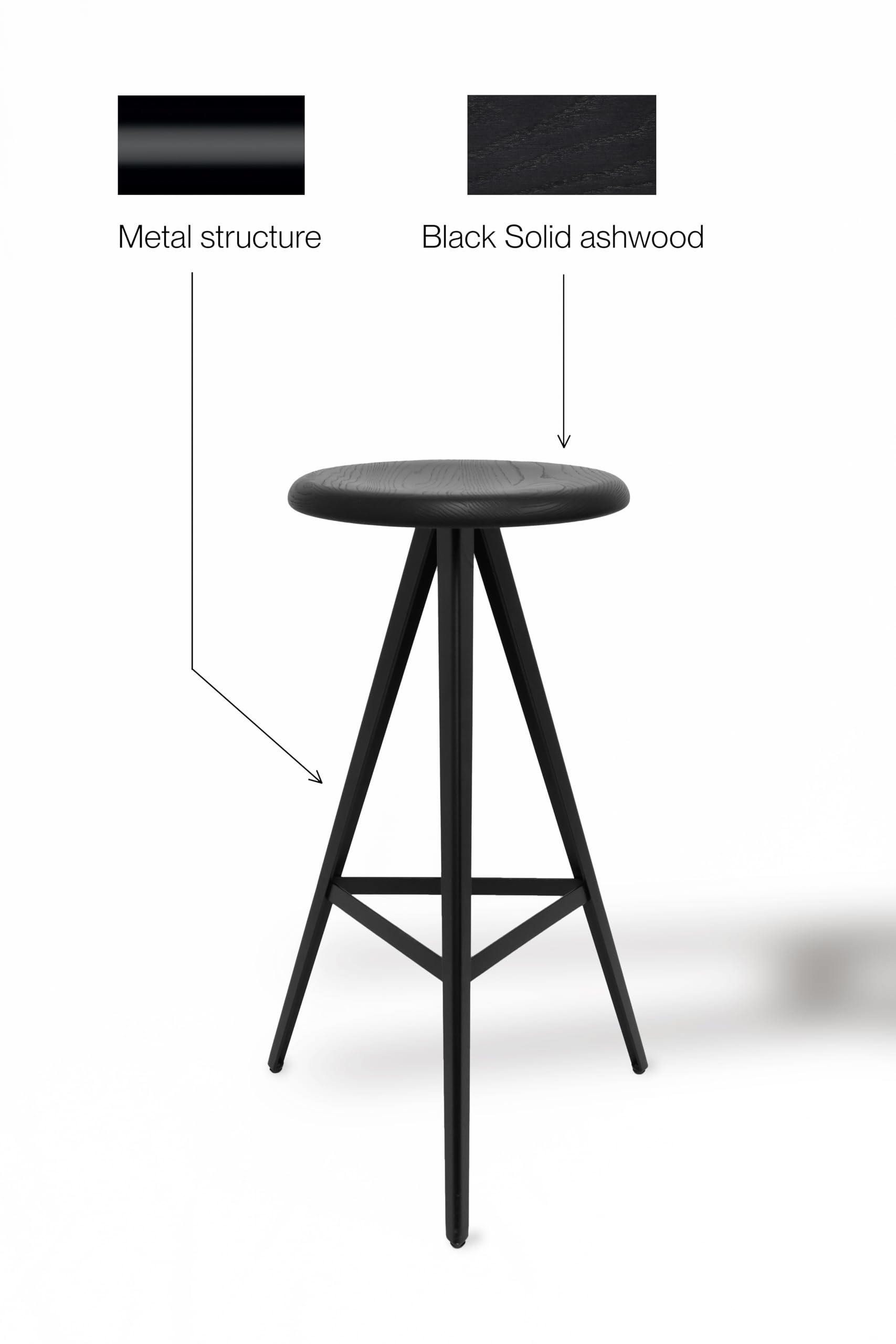 Trabaldo Sgabello KUKY B-61 - Designed and Made in Italy - Struttura in Metallo e Seduta in Legno Massello di Frassino - Certificato 100% FSC - A 61cm x L 39cm - Nero