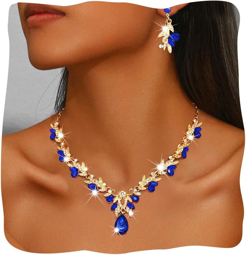 JAKAWIN Rhinestone Bride Wedding Jewelry Set Gold Leaf Sparkly Bridesmaid Necklace and Earrings Set Sapphire Formal Crystal Prom Costume Necklaces for Women