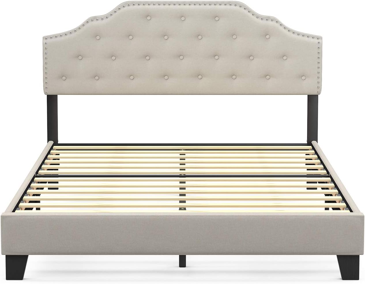 mecor Upholstered Linen Queen Platform Bed Frame with Curved Button Tufted Headboard - Height Adjustable - Strong Wooden Slats Support - Nailhead Trim Design ( Beige, Queen )