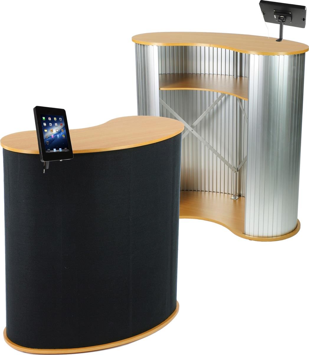 Displays2go Tradeshow Counter with Tablet Stand Steel Laminated MDF Aluminum Silver w Black Hook Loop Fabric CTRVIPDCBK