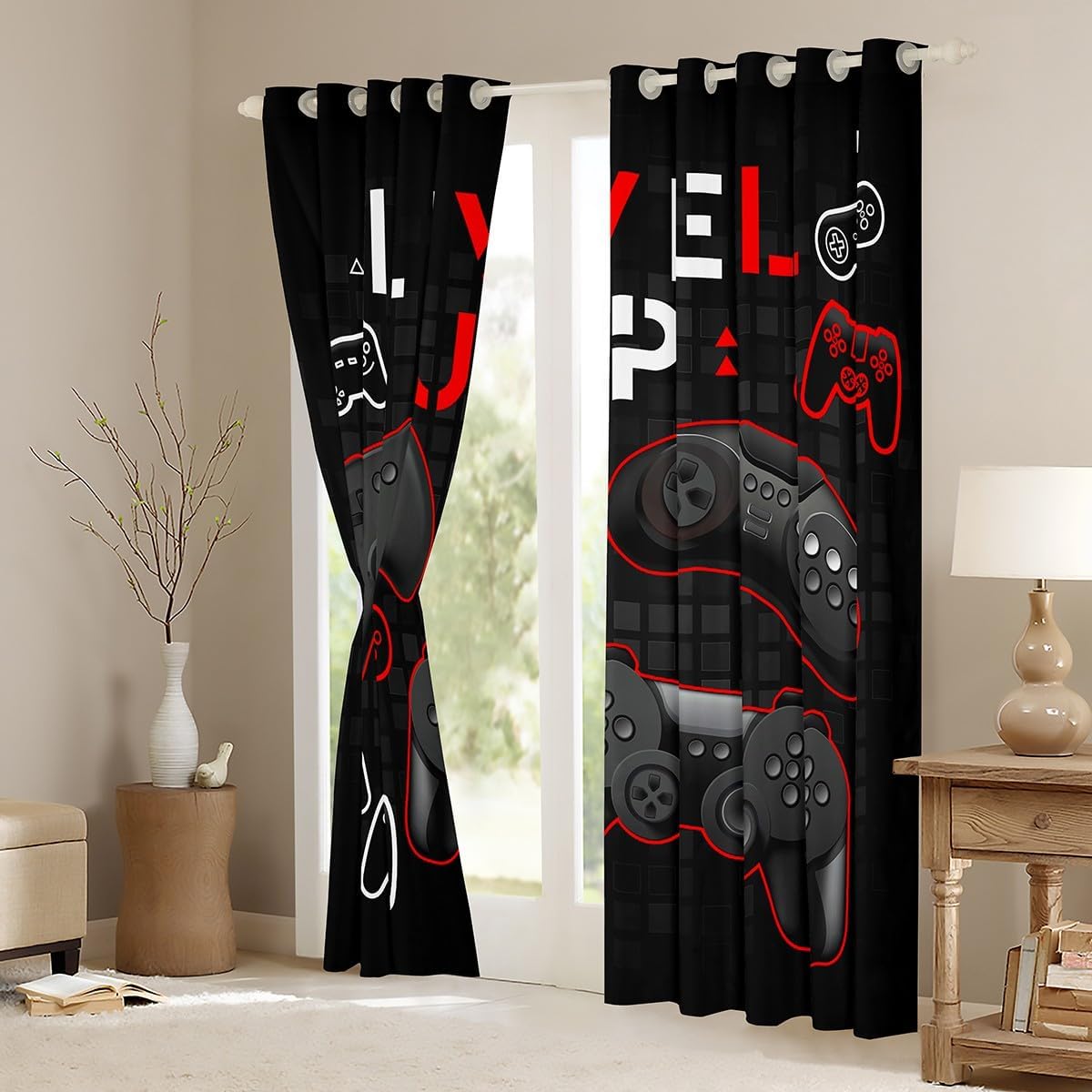 Gaming Window Curtain,Video Games Window Treatment Drapes,Black White Gamepad Curtains,Kids Girls Boys Teens Modern Chic Bedroom Living Room Decor Top 2 Panels,42Wx90L