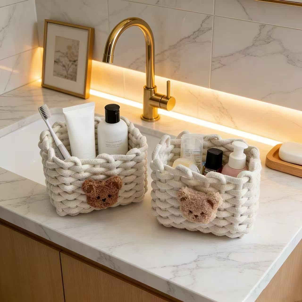Cute Bear Cotton Rope Storage Baskets 2 Pack - Small Woven Boho Organizer Bins for Nursery, Bathroom, Makeup Desk, 7.5"x5.5"x5.5", White