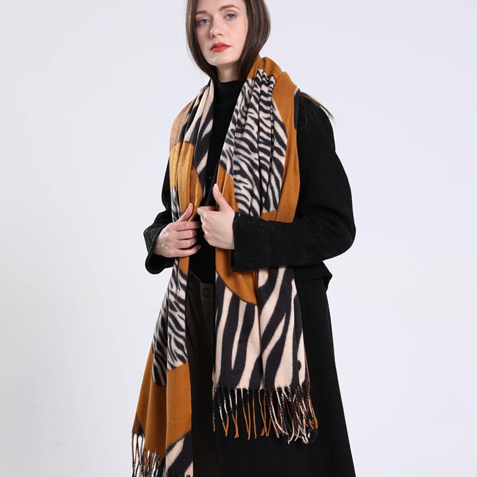 Sciarpa Cashmere Sintetico Leopardo Rosso | Scialle Grande Con Nappe 197x72 Cm Donna - 4
